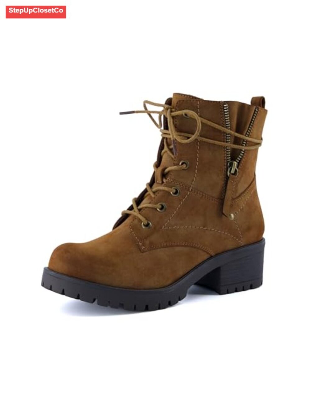Women's Heeled Combat Boots with Lace-Up & Side Zipper